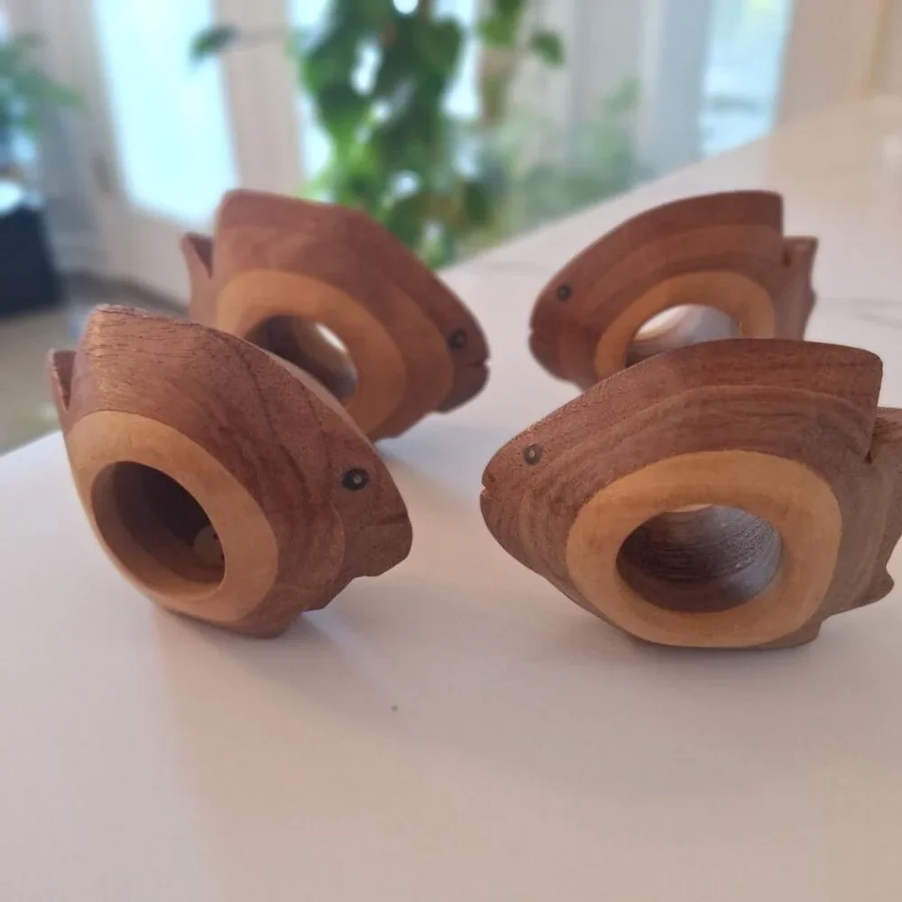 Wooden Fish Napkin Rings India Carved Eyes Faces Nautical Sea Beach Shore Island